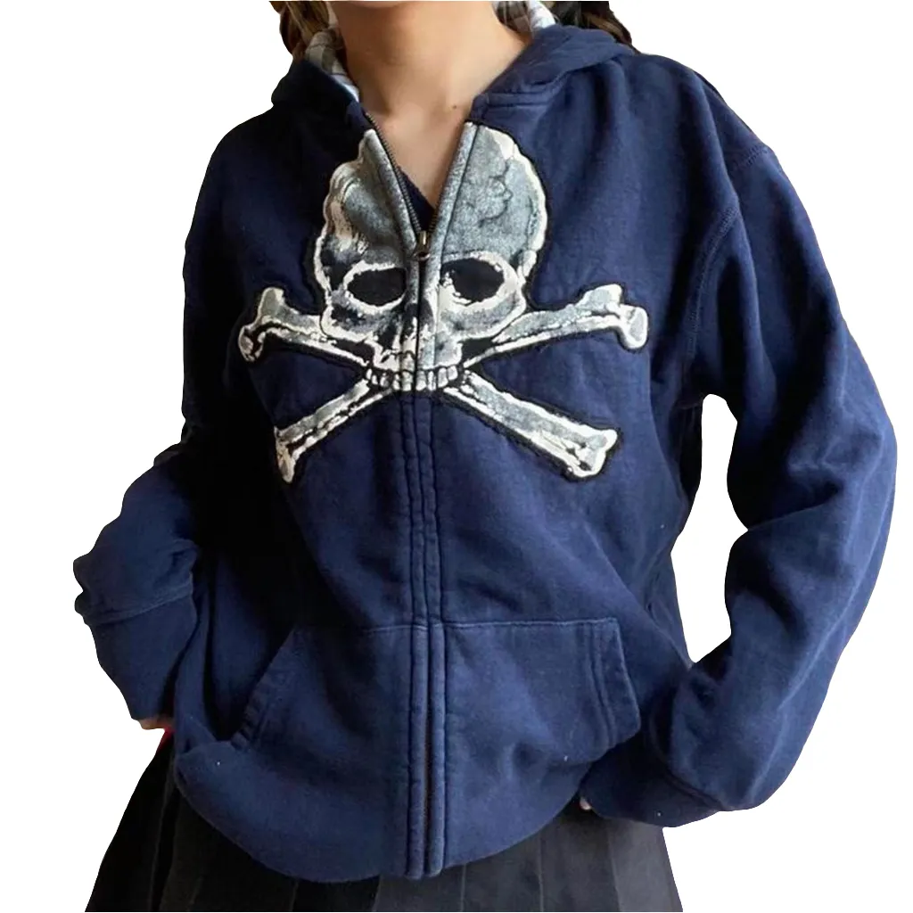 Women's Skull Thick Hooded Zipper Sweater Embroidered Jacket