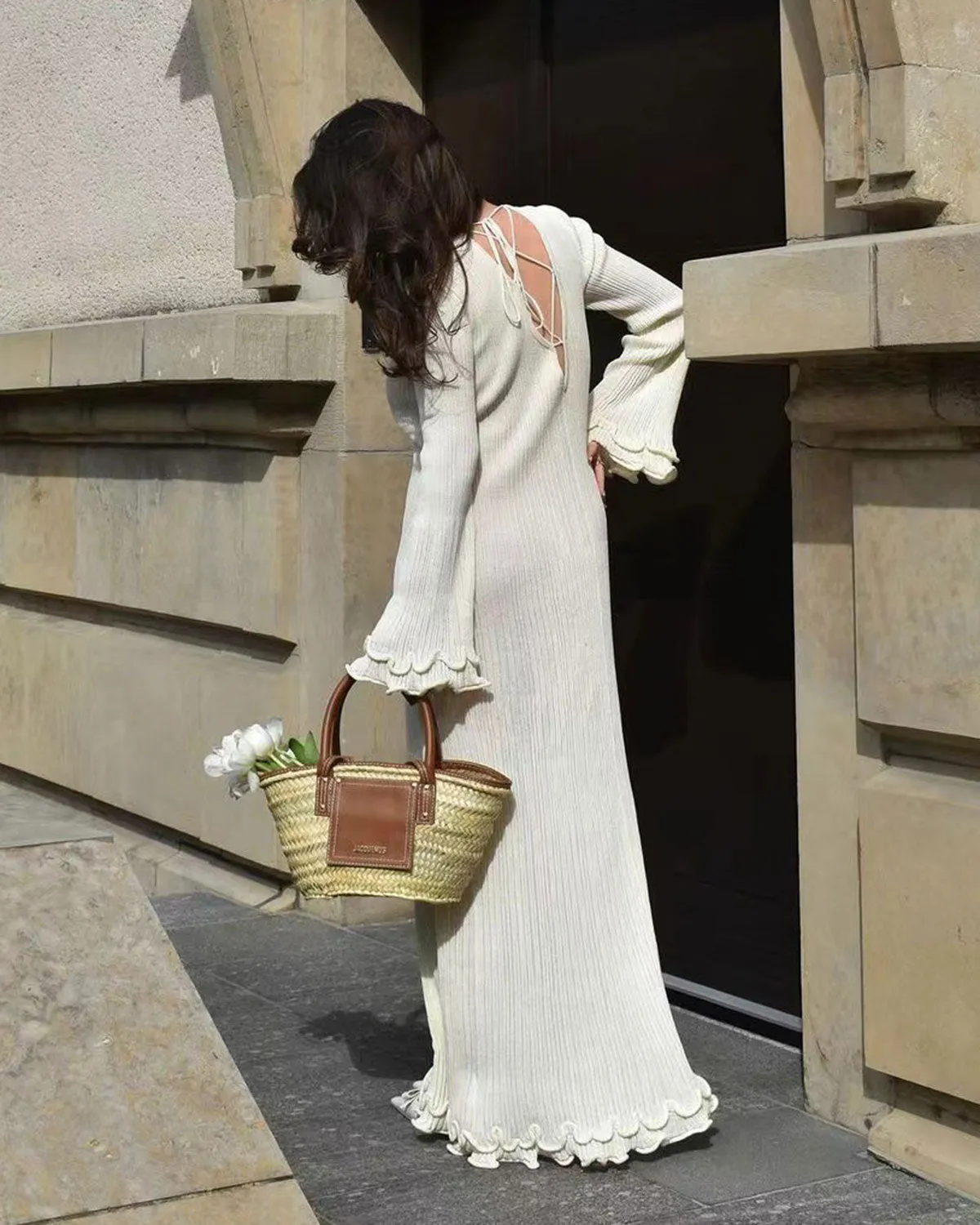 Women's White Bell Sleeve Knit Maxi Dress