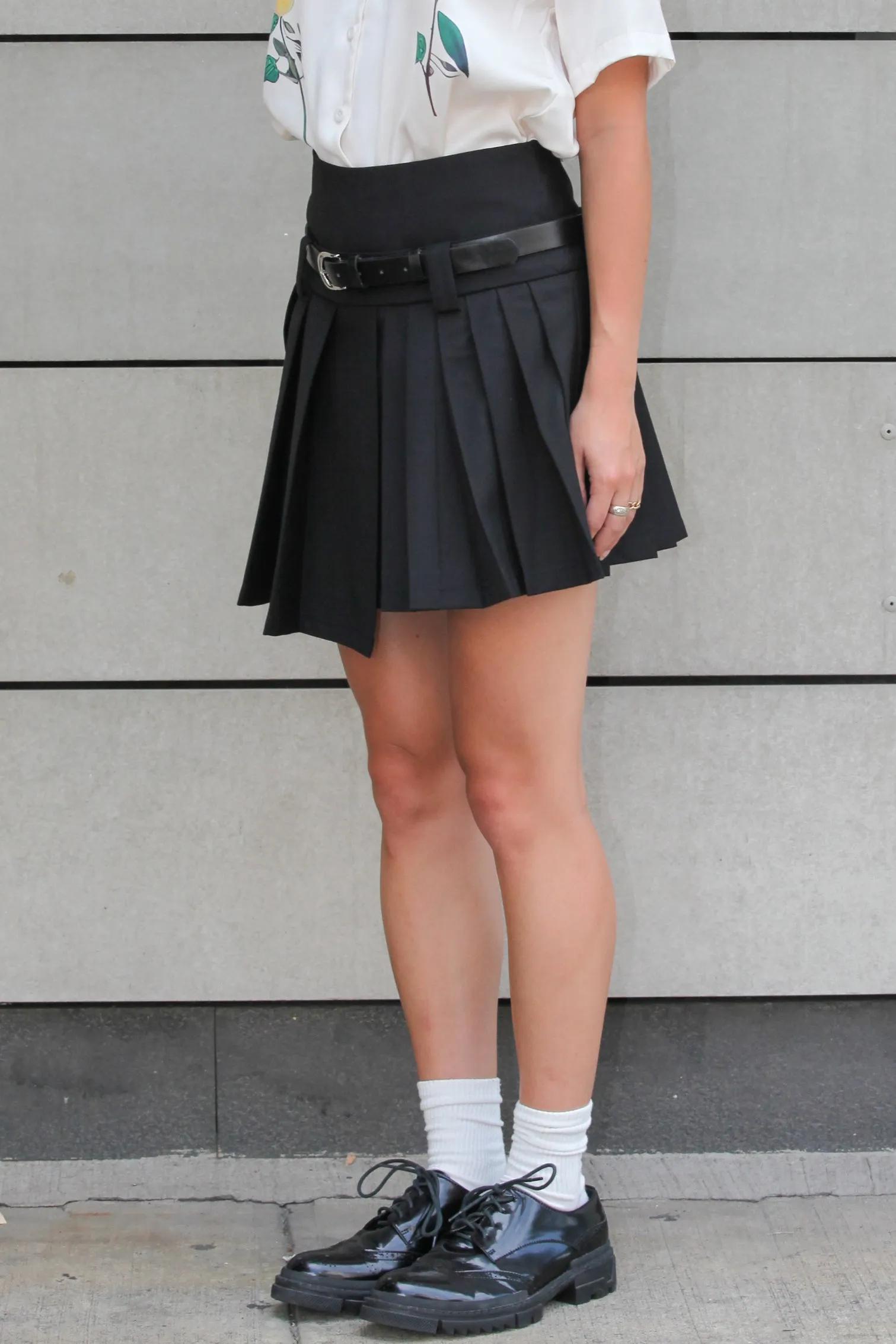 Wool Black Pleated Mini Asymmetrical Skirt