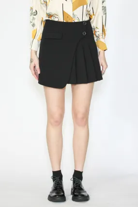 Wool Black Pleated Wrap Mini Skirt